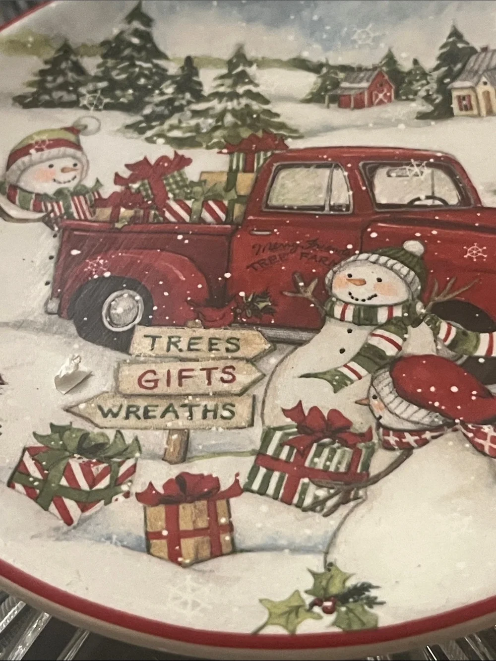 Certified International Red and Green Snowman Truck Holiday Plate